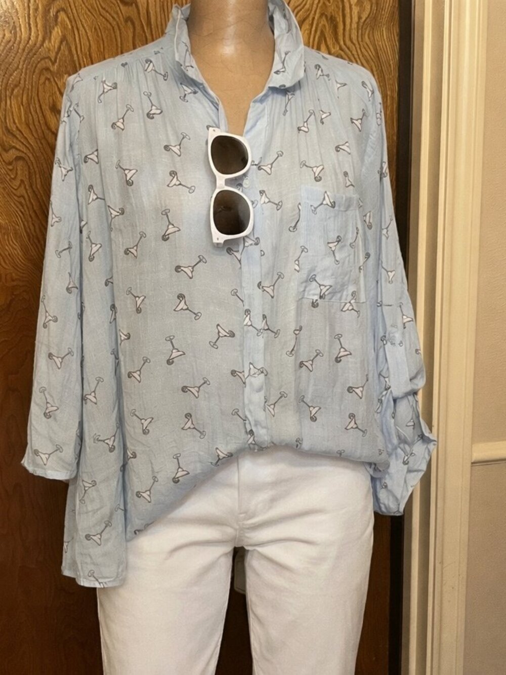 Zac & Rachel 3x Light Blue Button-Up Top with Martini /Margarita Print